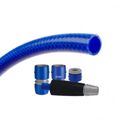 Rollo manguera riego azul 15 x 20 mm con accesorios