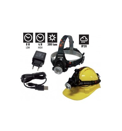 LINTERNA FRONTAL PROFESIONAL 5W 300 LUMENS RECARGABLE USB BANDA CASCO IP20