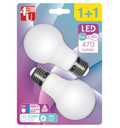 LAMPARA BAJO CONS LED STD. E27 6W-40W 470LM 4000K BLISTER PROMOCION 1+1