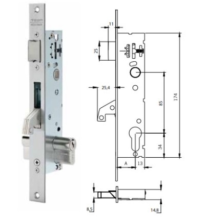 Cerradura perfil metálico estrecho 4241BE frente inoxidable