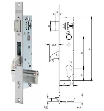 Cerradura perfil metálico estrecho 4240BE frente inoxidable