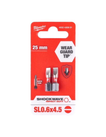 Punta de impacto 1/4" 25 mm plana SHOCKWAVE 2 ud