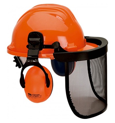 CASCO NARANJA +PANTALLA FACIAL REJILLA + OREJERA REF. 437