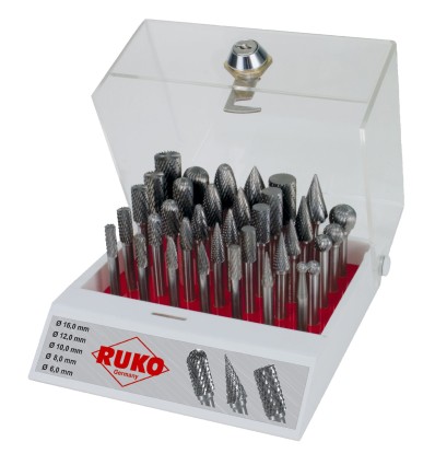 JUEGO DE 35 FRESAS DE METAL DURO CON VASTAGO DE 6 MM EN VITRINA DE PLASTICO