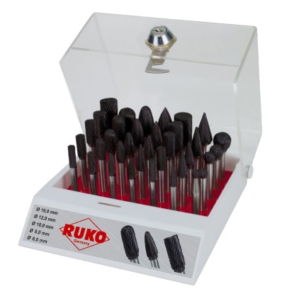 SURTIDO DE 35 FRESAS DE METAL DURO TICN CON VASTAGO DE 6 MM EN VITRINA DE PLASTI