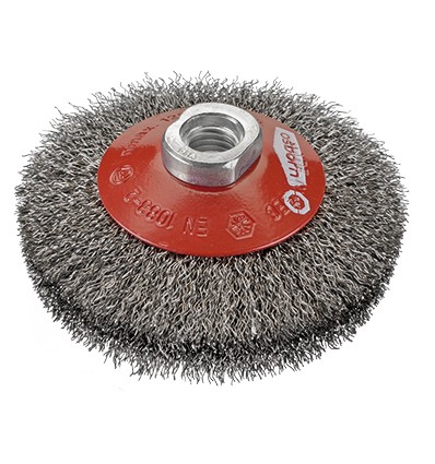 CEPILLO CONICO DE INOX ONDULADO CON TUERCA M14 Y FILAMENTO DE Ø 0.30 MM (125X10X