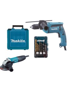 TALADRO PERCUTOR HP1641K1X + AMOLADORA GA4530 + SET BROCAS