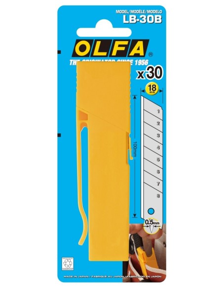 Cuchillas troceables de 18 mm en caja de plástico con clip OLFA