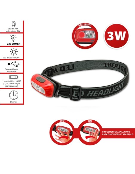 LINTERNA FRONTAL DE 230 LM CON INTERRUPTOR SIN CONTACTO RECARGABLE VULCAN