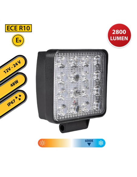 LUZ DE TRABAJO CUADRADA DE 12/24 V, 48 W Y 2800 LUMENES, IP67