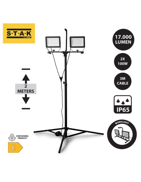 2 FOCOS LED SOBRE TRIPODE, 2 X 100W, 17.000 LUMEN CABLE 3M, IP65 MINOS