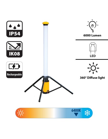 LUZ LED 6.000 LM RECARGABLE EN 360° SOBRE TRIPODE Y CARGADOR RAPIDO