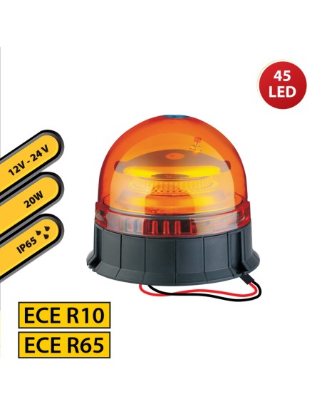 BALIZA GIRATORIA DE 12/24 V CON BASE PLANA Y 2 CABLES 20W COLOR NARANJA