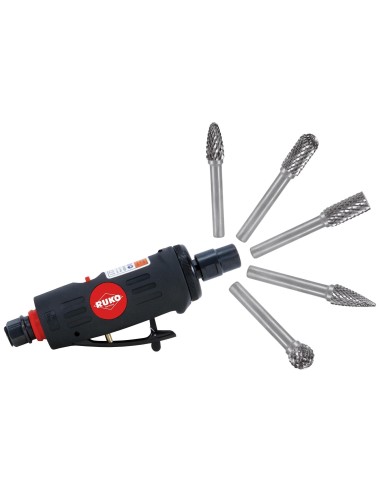KIT AMOLADORA NEUMATICA Y JUEGO 10 FRESAS METAL DURO CON VASTAGO DE 6 MM