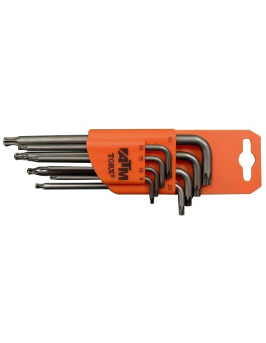 JUEGO DE 8 LLAVES ACODADAS LARGAS TORX DE SEGURIDAD CON BOLA (T9-T40)