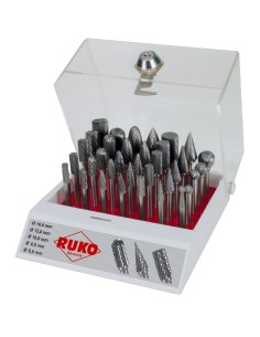 JUEGO DE 35 FRESAS DE METAL DURO CON VASTAGO DE 6 MM EN VITRINA DE PLASTICO