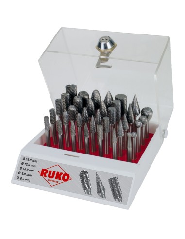 JUEGO DE 35 FRESAS DE METAL DURO CON VASTAGO DE 6 MM EN VITRINA DE PLASTICO