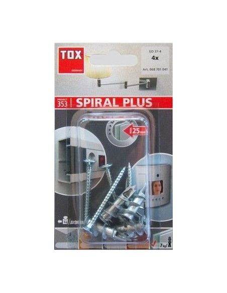 BLISTER DE 4 TACOS PARA CARTON-YESO GD SPIRAL PLUS 37 MM + TORNILLO