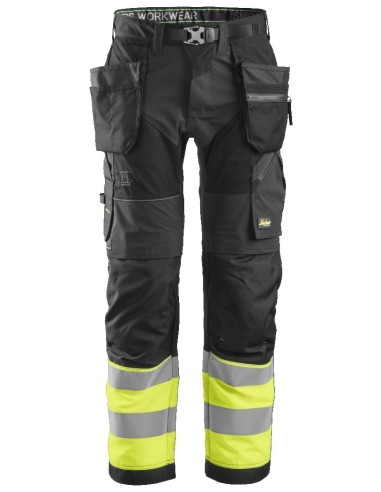 6931 Pantalon largo FlexiWork de alta visibilidad clase 1 con bolsillos flotantes negro/ amarillo