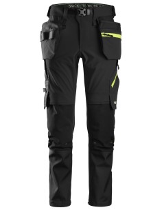 6940 Pantalones largos de trabajo elasticos FlexiWork Softshell Slim Fit bolsillos flotantes negro/ amarillo neon