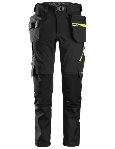 6940 Pantalones largos de trabajo elasticos FlexiWork Softshell Slim Fit bolsillos flotantes negro/ amarillo neon