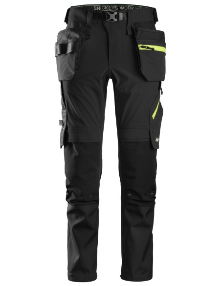6940 Pantalones largos de trabajo elasticos FlexiWork Softshell Slim Fit bolsillos flotantes negro/ amarillo neon