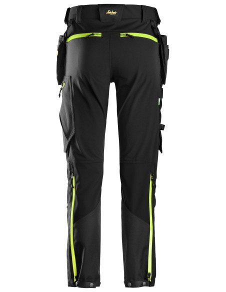 6940 Pantalones largos de trabajo elasticos FlexiWork Softshell Slim Fit bolsillos flotantes negro/ amarillo neon