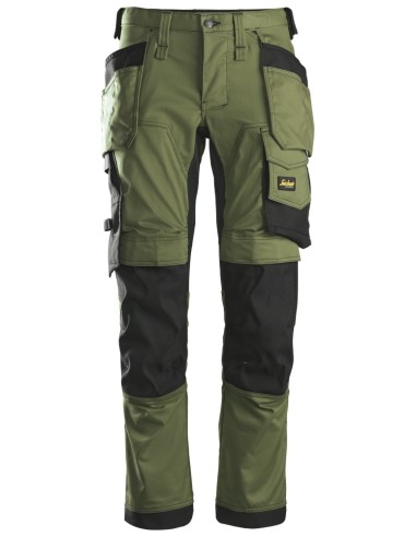 6241 Pantalones largos de trabajo elasticos AllroundWork Slim Fit con bolsillos flotantes color verde khaki/ negro