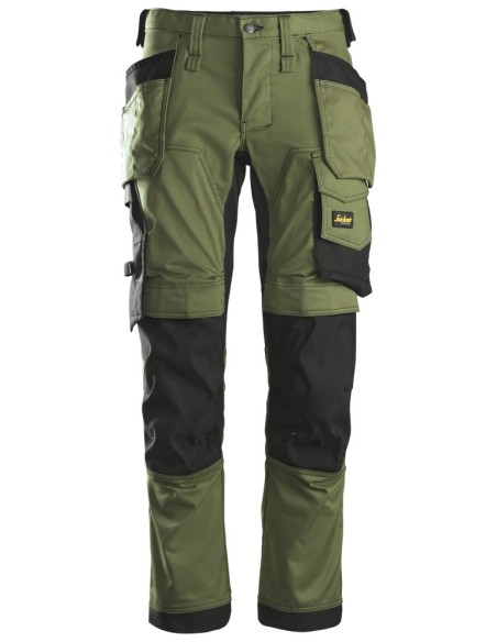 6241 Pantalones largos de trabajo elasticos AllroundWork Slim Fit con bolsillos flotantes color verde khaki/ negro