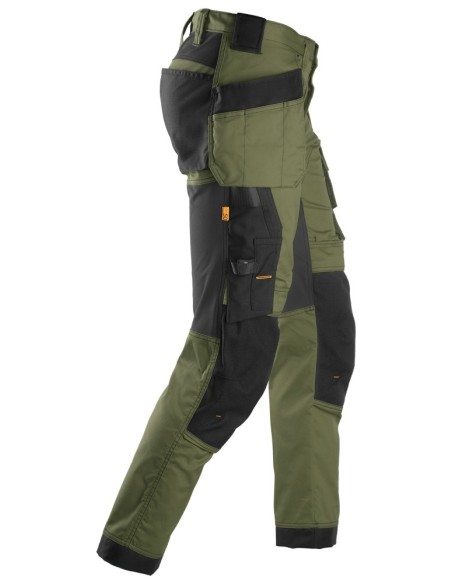 6241 Pantalones largos de trabajo elasticos AllroundWork Slim Fit con bolsillos flotantes color verde khaki/ negro
