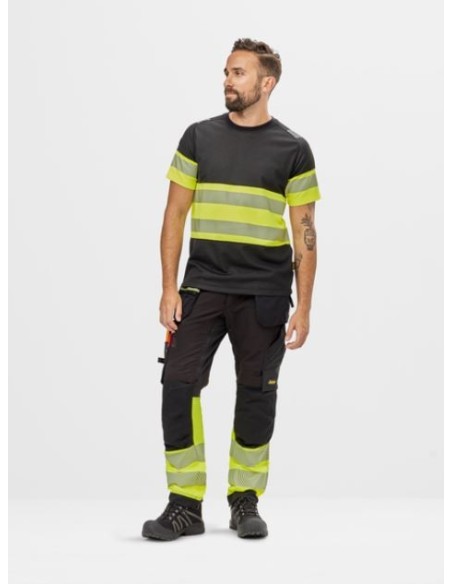 6934 Pantalones largos de trabajo elasticos de alta visibilidad clase 1 con bolsillos flotantes negro-amarillo