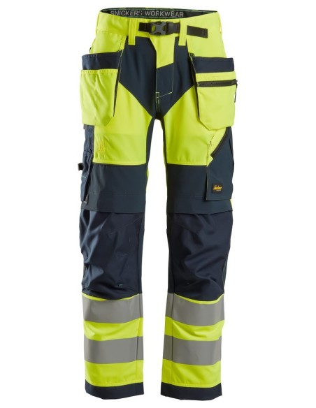 6932 Pantalones largos de trabajo de alta visibilidad clase 2 con bolsillos flotantes FlexiWork amarillo/ azul marino