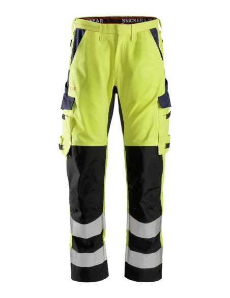 6364 Pantalones largos de trabajo de alta visibilidad clase 2 con espinilla reforzada ProtecWork amarillo-azul marino
