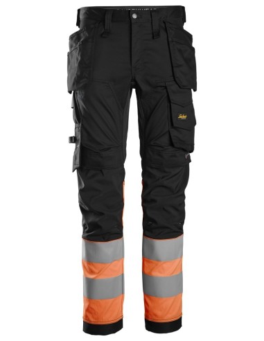 6234 Pantalones largos de trabajo elasticos de alta visibilidad clase 1 con bolsillos flotantes negro-naranja