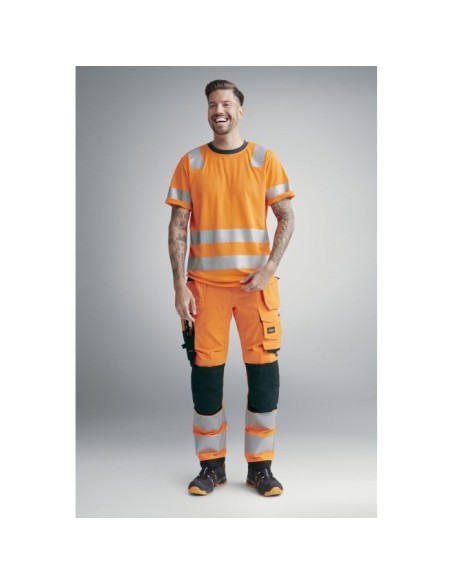 6243 Pantalones largos de trabajo elasticos de alta visibilidad clase 2 con bolsillos flotantes naranja/ negro