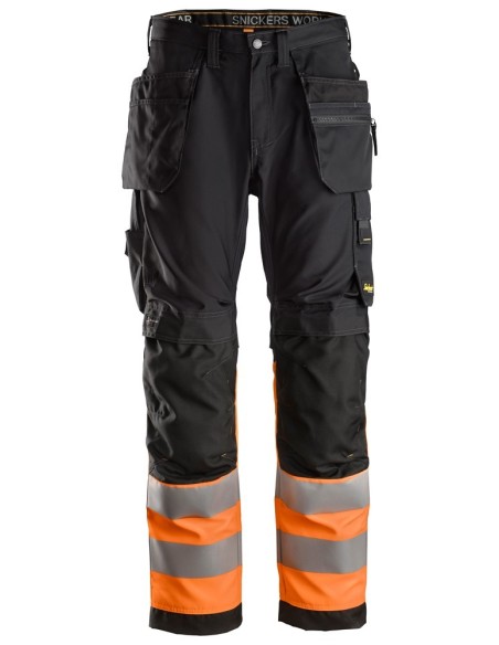 6233 Pantalones largos de trabajo de alta visibilidad clase 1 con bolsillos flotantes AllroundWork negro-naranja