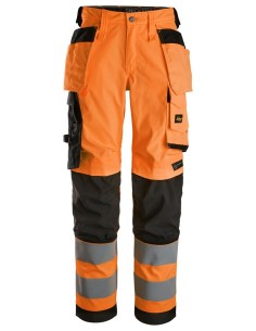 6743 Pantalones largos de trabajo elasticos de alta visibilidad clase 2 para mujer con bolsillos flotantes naranja-negro