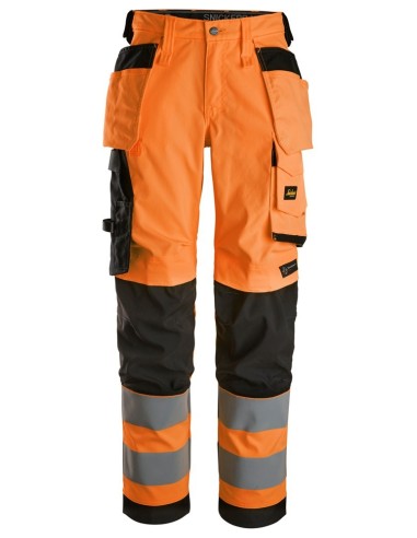 6743 Pantalones largos de trabajo elasticos de alta visibilidad clase 2 para mujer con bolsillos flotantes naranja-negro