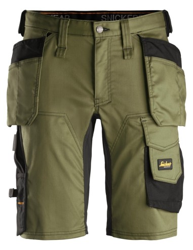 6141 Pantalones cortos de trabajo elasticos Slim Fit AllroundWork con bolsillos flotantes verde caqui/ negro