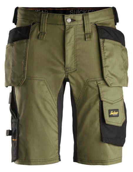 6141 Pantalones cortos de trabajo elasticos Slim Fit AllroundWork con bolsillos flotantes verde caqui/ negro