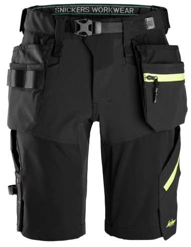 6140 Pantalones cortos de trabajo elasticos FlexiWork Softshell con bolsillos flotantes negro/ amarillo neon