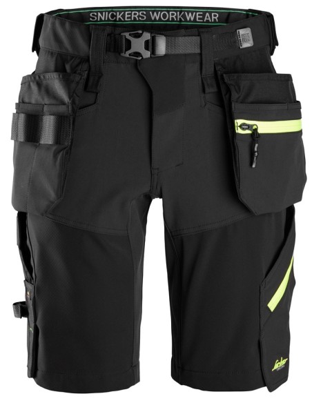 6140 Pantalones cortos de trabajo elasticos FlexiWork Softshell con bolsillos flotantes negro/ amarillo neon