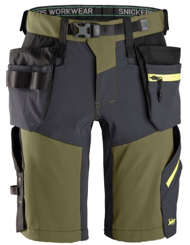 6140 Pantalones cortos de trabajo elasticos FlexiWork Softshell con bolsillos flotantes verde kaki/ gris acero