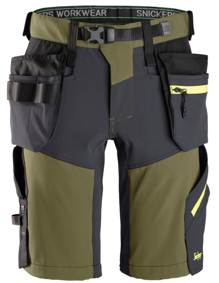 6140 Pantalones cortos de trabajo elasticos FlexiWork Softshell con bolsillos flotantes verde kaki/ gris acero