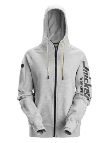 2877 Sudadera mujer con capucha, cremallera completa y logo gris jaspeado