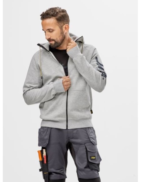 2895 Sudadera con capucha, cremallera completa y logo gris jaspeado