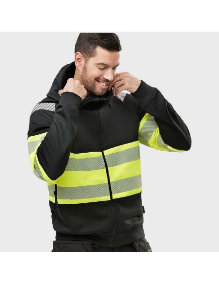 2838 Sudadera alta visibilidad clase 1 con capucha y cremallera completa negro-amarillo
