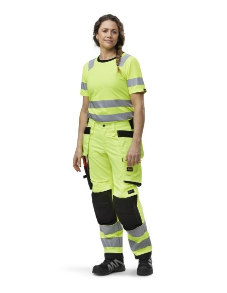 6743 Pantalones largos de trabajo elasticos de alta visibilidad clase 2 para mujer bolsillos flotantes amarillo/negro